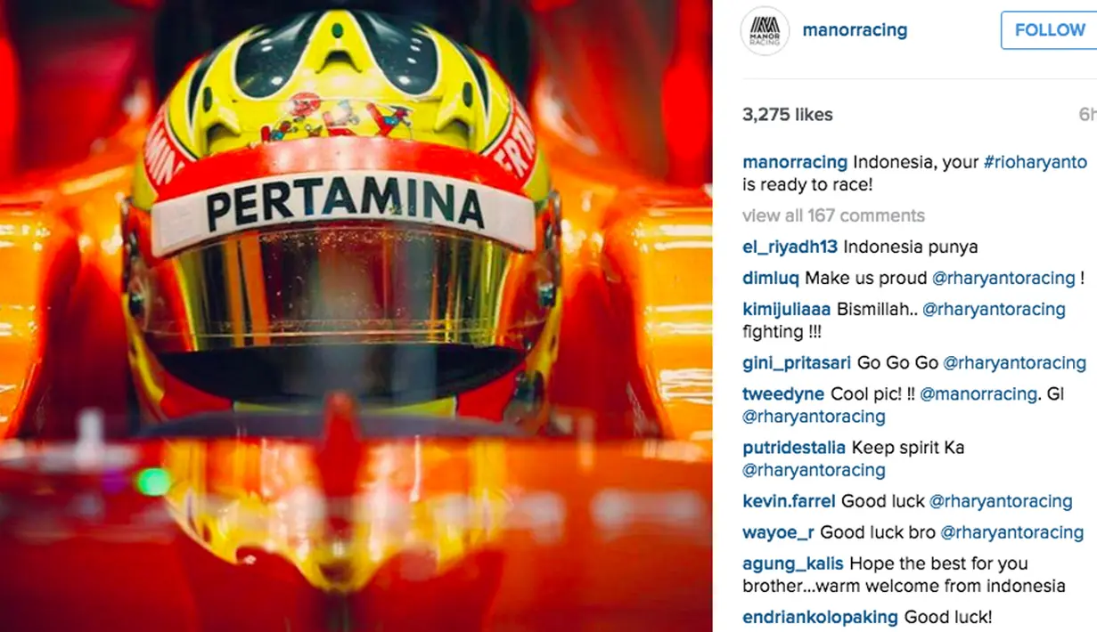 Inilah postingan terakhir Manor Racing setelah tes pramusim Barcelona usai, foto Rio Haryanto ini mendapat likes 3,275. (Bola.com/Manorracing/Instagram)
