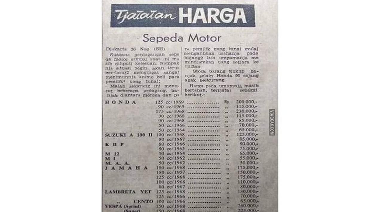 Kira-kira motor apa yang mau dibeli? Dengan budget satu motor sekarang bisa untuk membeli semua motor di list harga medio akhir 1960an tersebut. (Source: 1cak.com)