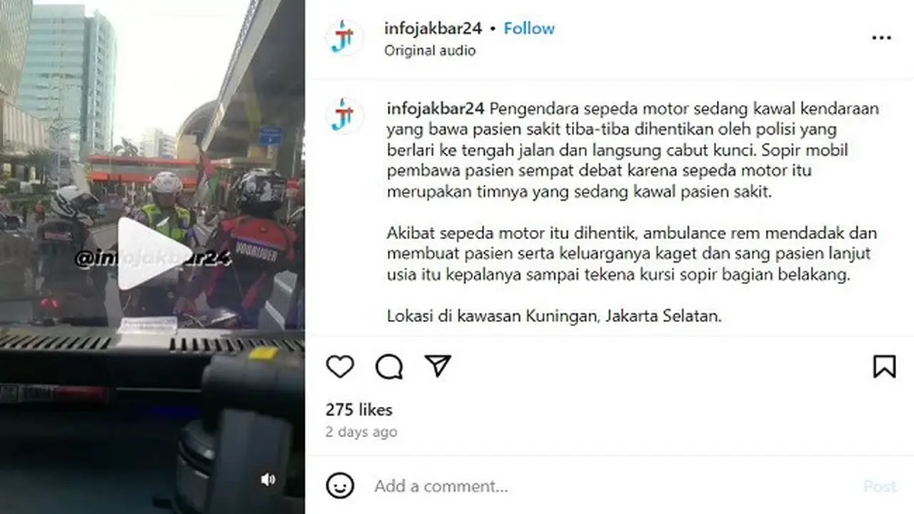 Viral video yang memperlihatkan pengendara sepeda motor ditilang polisi saat mengawal ambulans. (Instagram @infojakbar24)