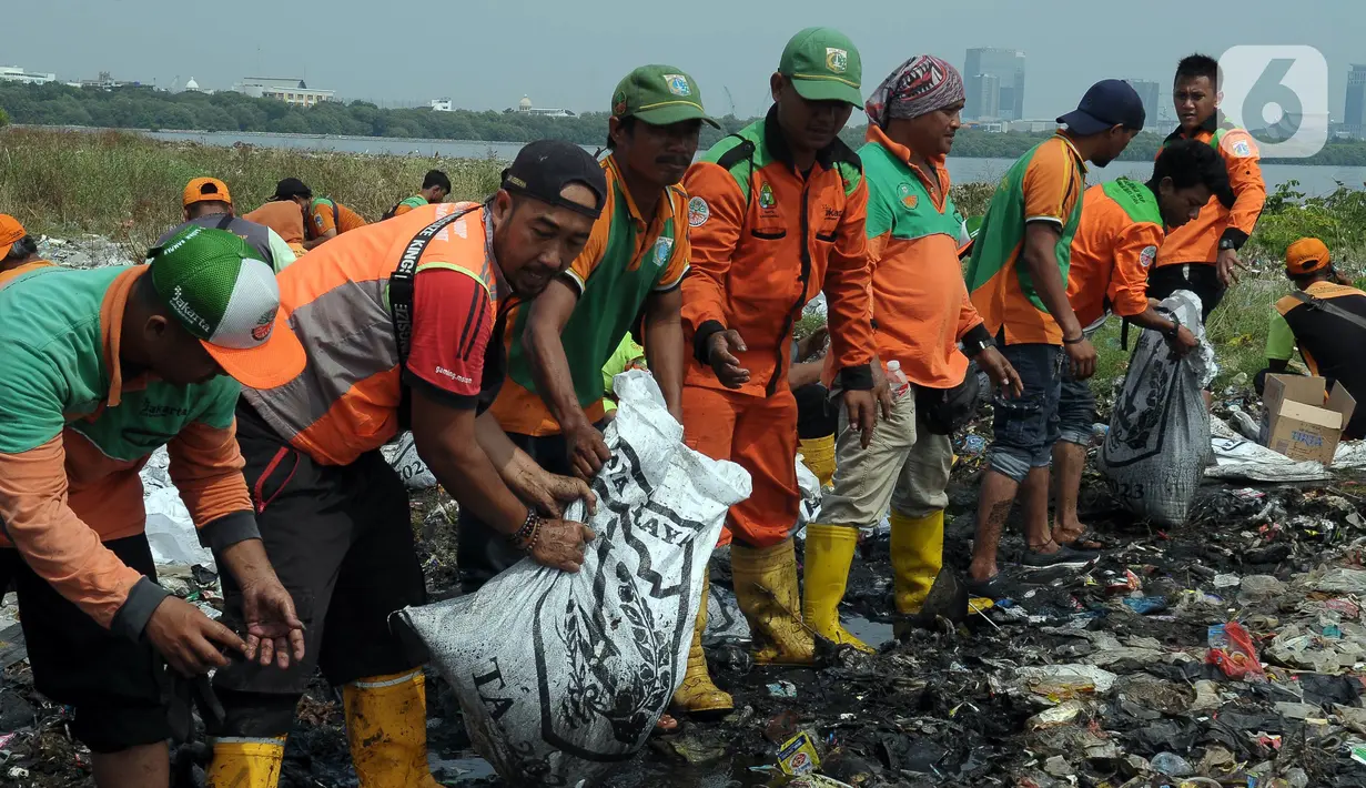 Pembersihan didukung kendaraan angkut seperti mobil truk sebanyak 11 unit, alat berat 2 unit, kapal (perahu) 6 unit dari Administrasi Kepulauan Seribu. Target pengangkutan sampah sekitar 90 ton dengan kapal besar. (merdeka.com/Imam Buhori)
