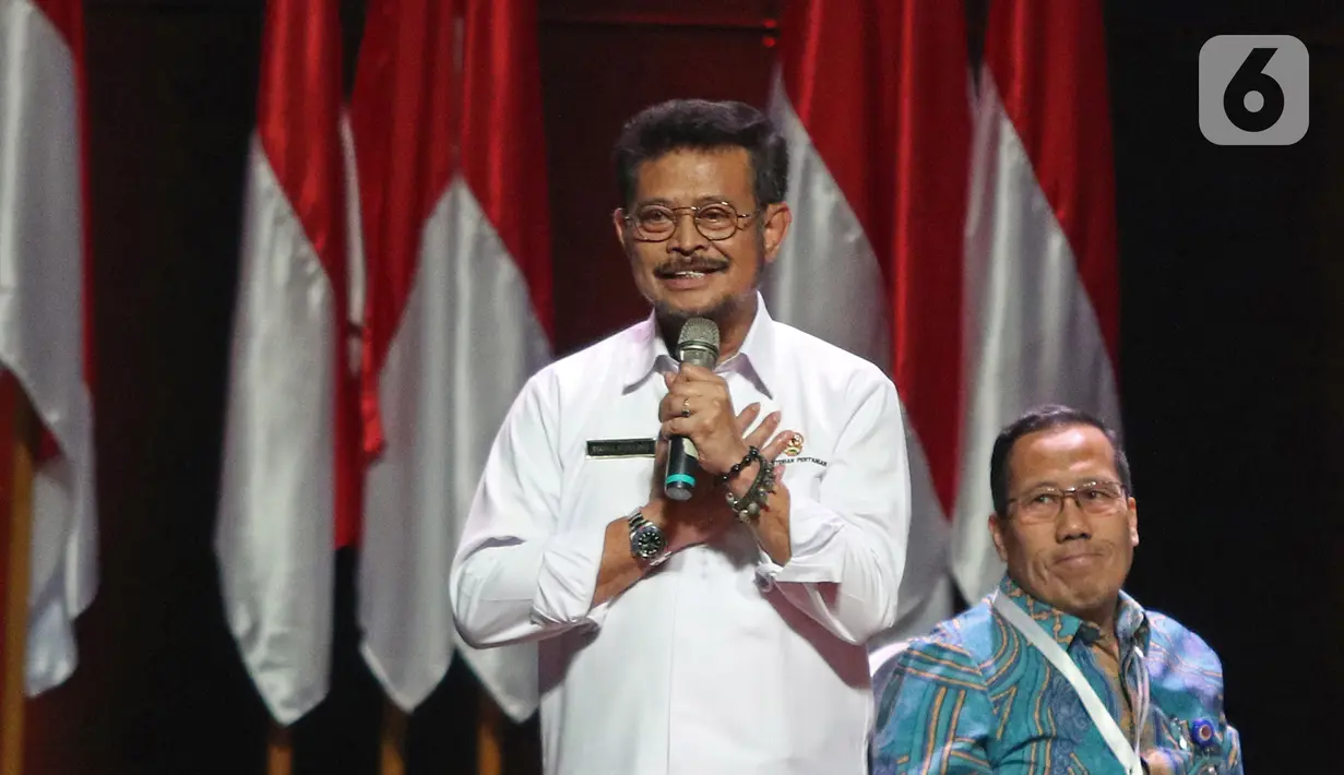 Menteri Pertanian Syahrul Yasin Limpo memberikan paparan saat diskusi panel IV Rakornas Indonesia Maju antara Pemerintah Pusat dan Forum Koordinasi Pimpinan Daerah (Forkopimda) di Bogor, Rabu (13/11/2019). Panel IV membahas pembangunan Infrastuktur. (Liputan6.com/Herman Zakharia)