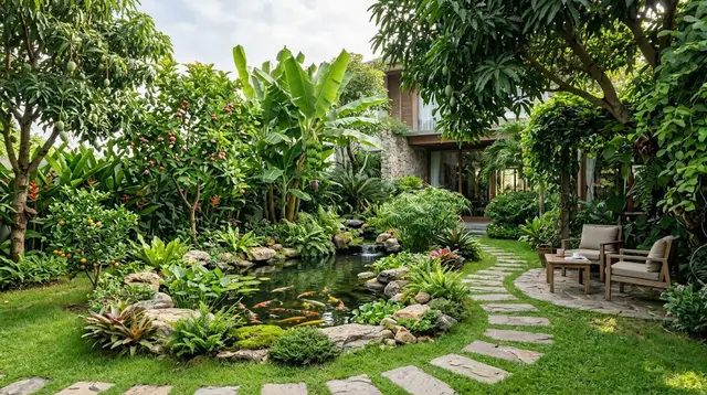 7 Ide Taman Rumah Sejuk dengan Tanaman Buah dan Kolam Ikan, Bisa Jadi Inspirasi