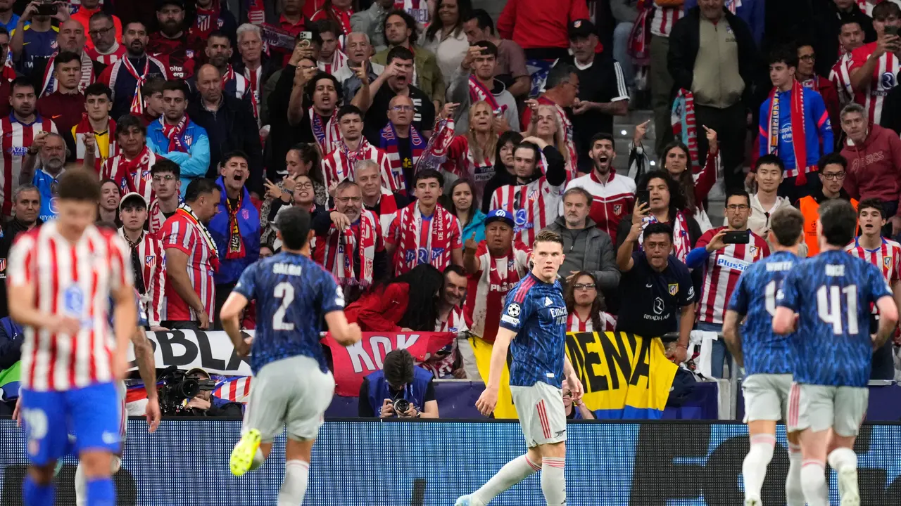 Viktor Gyokeres rayakan golnya laga Atletico Madrid vs Arsenal di leg 1 semifinal Liga Champions 2025/2026 di Riyadh Air Metropolitano, Kamis (30/04/2026) dini hari WIB.