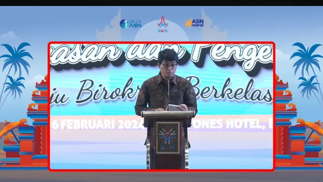Plt. Kepala Badan Kepegawaian Negara (BKN) Haryomo Dwi Putranto, dalam Rapat Koordinasi Pengawasan dan Pengendalian, di Bali, Selasa (6/2/2024). (Tira/Liputan6.com)