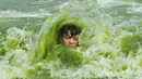 Seorang anak bermain di pantai yang tertutup ganggang di provinsi Qingdao, Shandong, Tiongkok pada 18 Juli 2016. Pertumbuhan industri dan kurangnya kesadaran lingkungan membuat saluran air terkontaminas (REUTERS / Stringer)