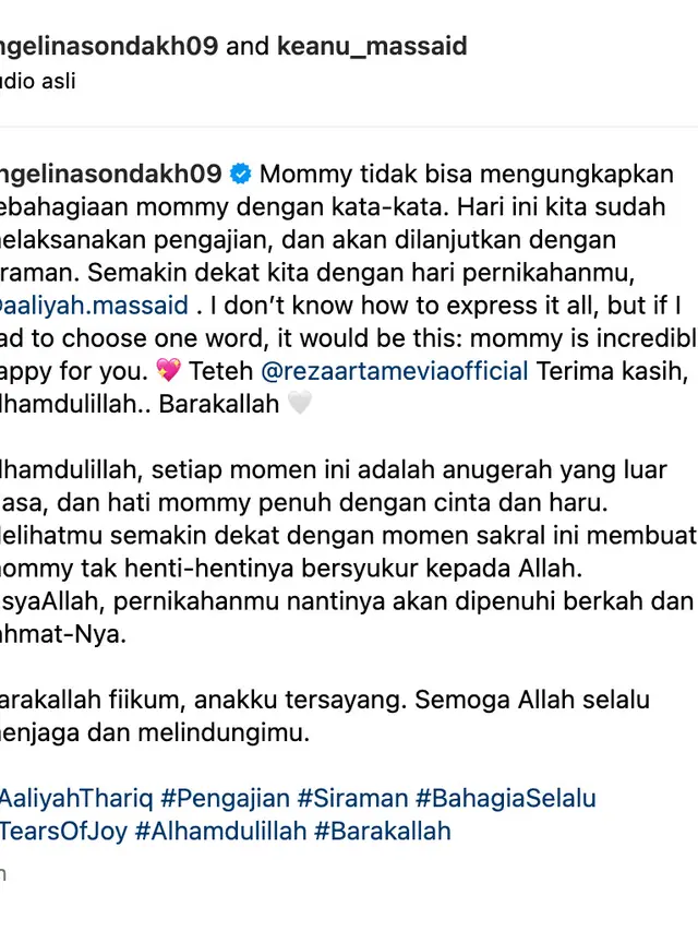 Unggahan Angelina Sondakh. (Foto: Dok. Instagram @angelinasondakh09)