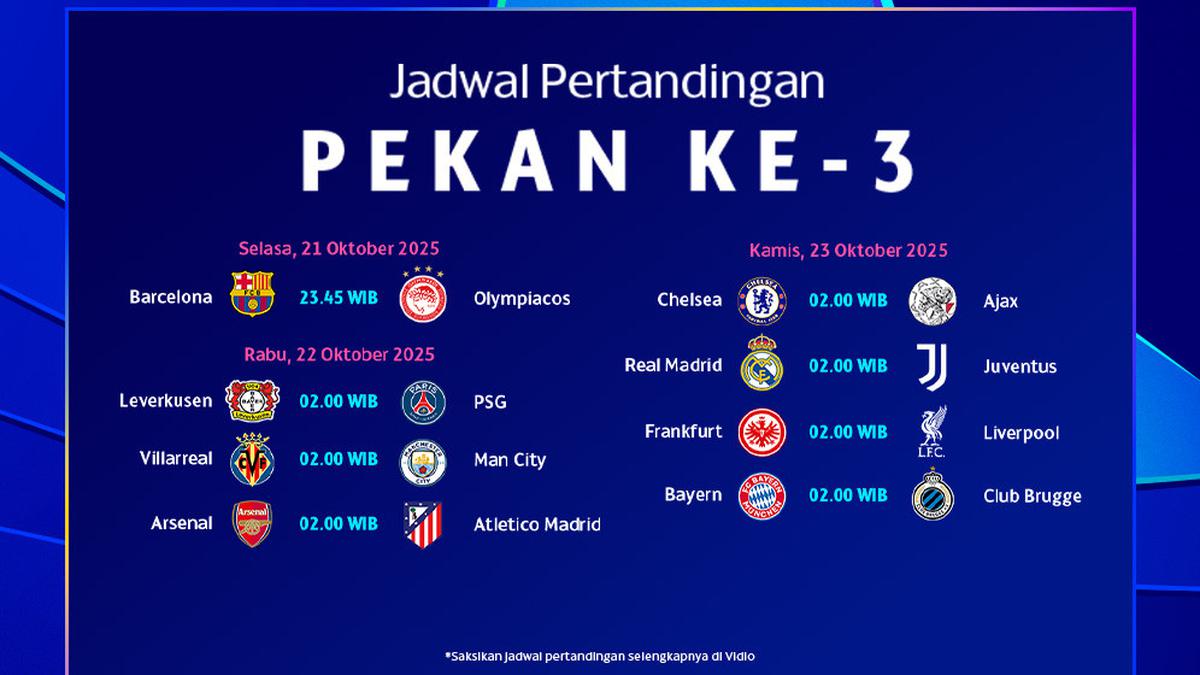 Cek Jadwal UCL 2025/26 Matchday Ke-3, Eksklusif di Vidio