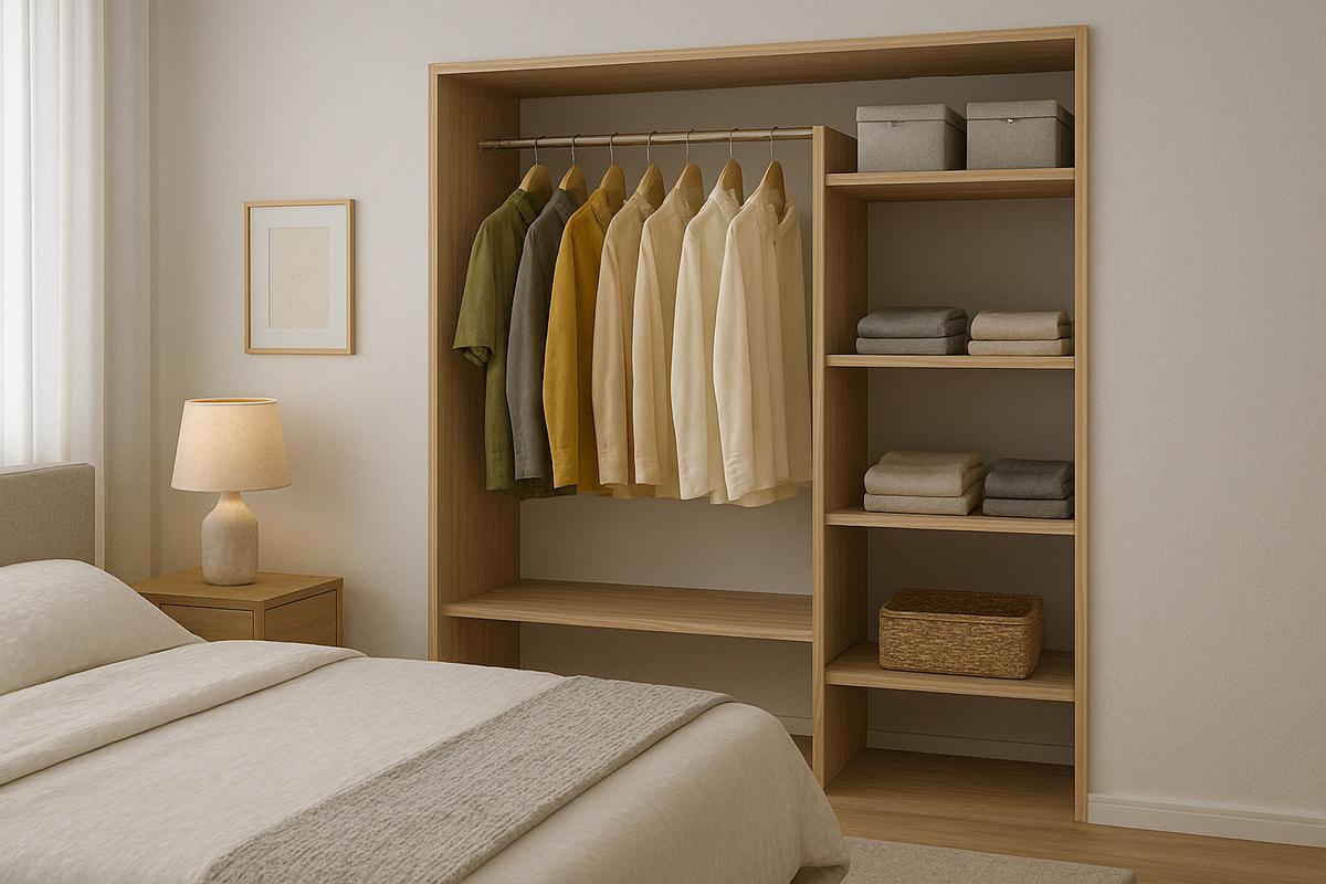 Ilustrasi Lemari Pakaian Minimalis dengan model Open Closet untuk Kamar Tidur/Liputan6 AI