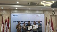 Penandatanganan nota kesepahaman dan perjanjian kerja sama Kimia Farma (KAEF) dan Kalbe Farma (KLBF), Jumat (1/9/2023). (Foto: Liputan6.com/Elga N)