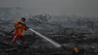 Seorang petugas pemadam kebakaran berusaha memadamkan kebakaran hutan di Kampar, Riau (9/9/2019). Ratusan sekolah di seluruh Asia Tenggara ditutup karena kabut asap beracun akibat kebakaran hutan tersebut. (AFP Photo/Wahyudi)