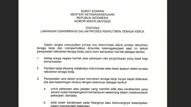 Surat Edaran (SE) Menaker Nomor M/6/HK.04/V/2025 tentang Larangan Diskriminasi dalam Proses Rekrutmen Tenaga Kerja.