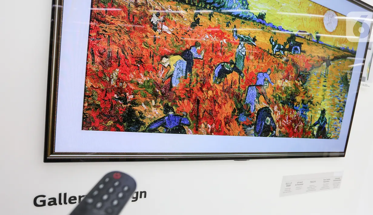 Sebuah lukisan ditampilkan dalam LG TV Oled evo di Jakarta, Selasa (25/05/2021). TV dengan teknologi inti berwujud piksel dapat mengatur pencahayaan sendiri tanpa keberadaan backlight dengan desain khusus berjuluk Gallery Design. (Liputan6.com/Fery Pradolo)