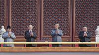 Presiden Indonesia Prabowo Subianto, Presiden Rusia Vladimir Putin, Presiden Tiongkok Xi Jinping dan pemimpin Korea Utara Kim Jong-un menyaksikan parade militer di Beijing, Rabu (3/9/2025)&nbsp;(Dok. Xinhua).