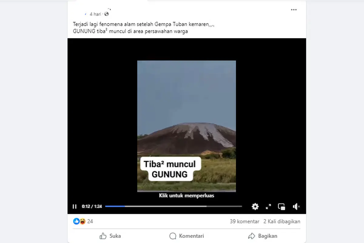 Tangkapan layar kemunculan gunung api setelah gempa Tuban