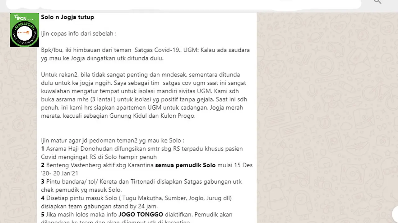 Cek Fakta Liputan6.com menelusuri informasi Solo dan Yogyakarta ditutup