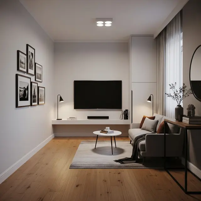 Layout Ruang Tamu Sempit dengan Rak TV Tempel dan Lemari Tipis