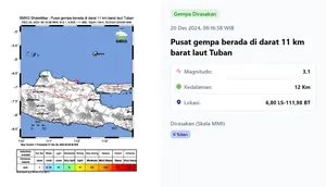 Gempa hari ini jelang akhir pekan, Jumat (20/12/2024) pertama&nbsp;terjadi pagi hari tadi pukul 06:16:58 WIB di wilayah Tuban, Provinsi Jawa Timur (Jatim). (www.bmkg.go.id)
