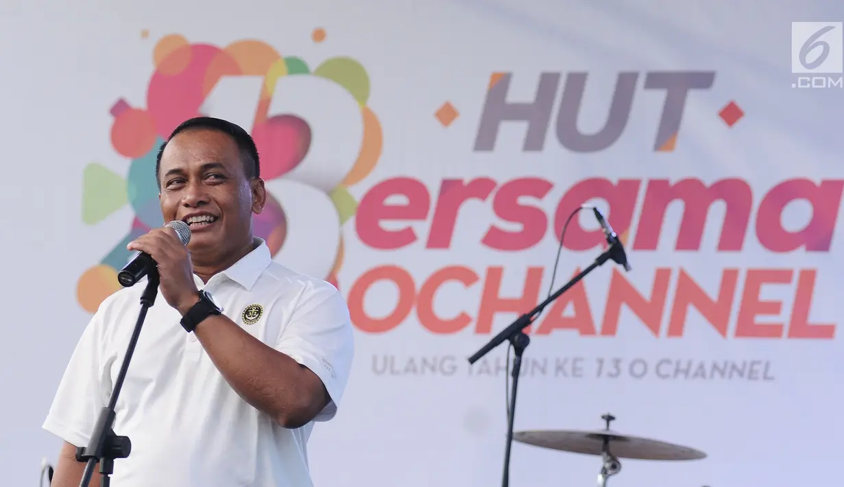 Dankormar, Mayjen TNI Bambang Suswantono memberi sambutan pada perayaan HUT Bersama Bersama O Channel dengan Jalasenastri TNI AL di Stadion Bola Mini Pasmar 2, Cilandak, Jakarta, Minggu (20/8). (Liputan6.com/Helmi Fithriansyah)