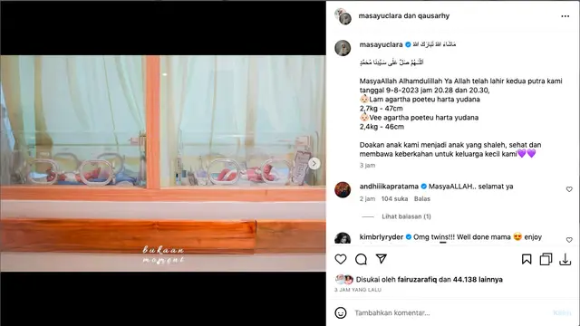 Selamat, Masayu Clara dan Qausar Harta Yudana Dikaruniai Anak Kembar dengan Nama Unik. (instagram.com/masayuclara)