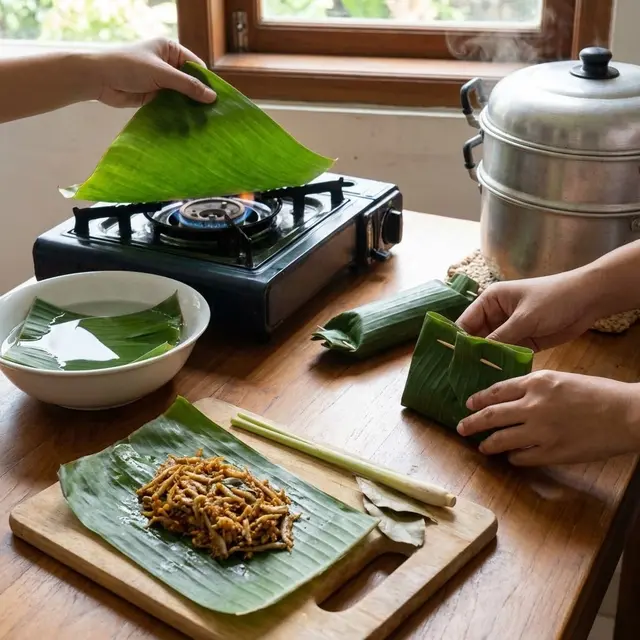 Membungkus Pepes Ikan Teri dengan Daun Pisang