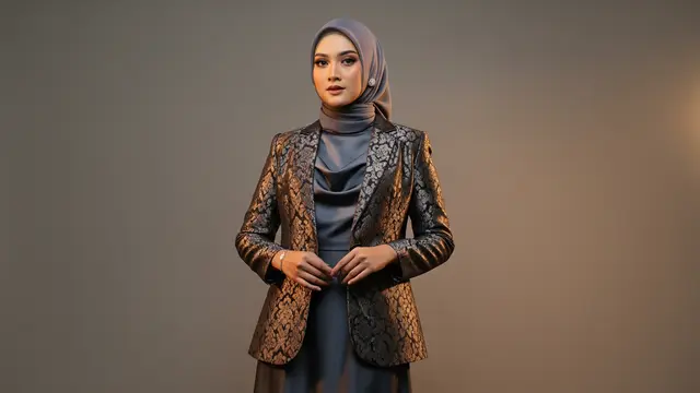 Gamis Polos Bahan Satin Doff dengan Blazer Tanpa Kancing Bertekstur