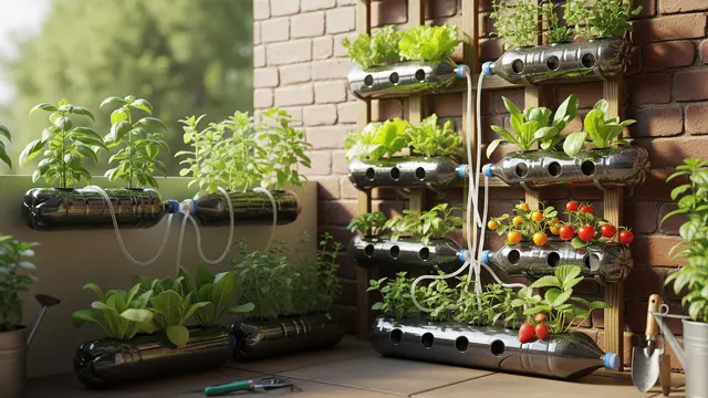 Ilustrasi Desain Kebun Sayur Pocket Garden dari Botol Plastik Bekas/Gemini AI
