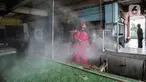 Petugas menyemprotkan Cairan Disinfektan di Pasar Palmerah, Jakarta, Kamis (25/6/2020). Pada hari ini pasar pelmerah resmi ditutup selama 3 hari kedepan dikarenakan 9 pedagang dinyatakan positif Covid-19. (Liputan6.com/Johan Tallo)