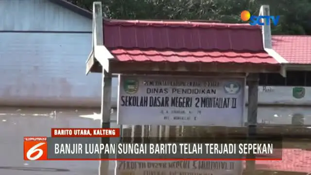 Memasuki hari ketujuh, banjir di enam kecamatan di Kabupaten Barito, Kalimantan Tengah masih tinggi.