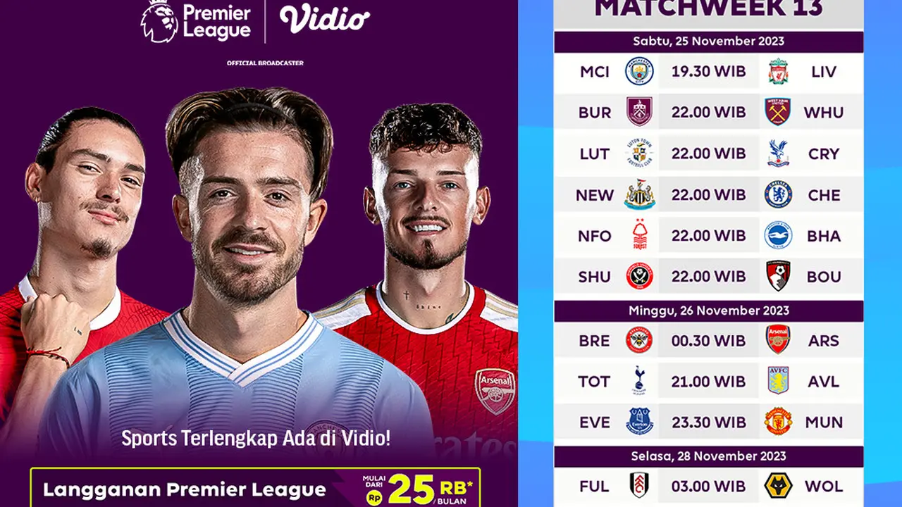Jadwal dan Live Streaming Premier League Matchweek 13 di Vidio