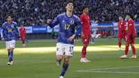 Selebrasi pemain Jepang saat menjebol gawang Thailand pada laga pemanasan jelang Piala Asia 2024 (AP)