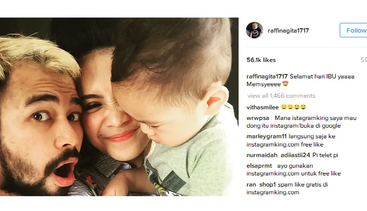 Raffi Ahmad dengan caranya memberi ucapan kepada sang istri, Nagita Slavina. Unggah foto bertiga bersama anak dan istri, Raffi juga menyertakan sebuah tulisan. "Selamat hari Ibu yaaaa Memsyeee," tulis Raffi Ahmad.