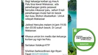 [Cek Fakta] Hoaks Pesawat Hercules Gratis Menuju Palu bagi Keluarga Korban