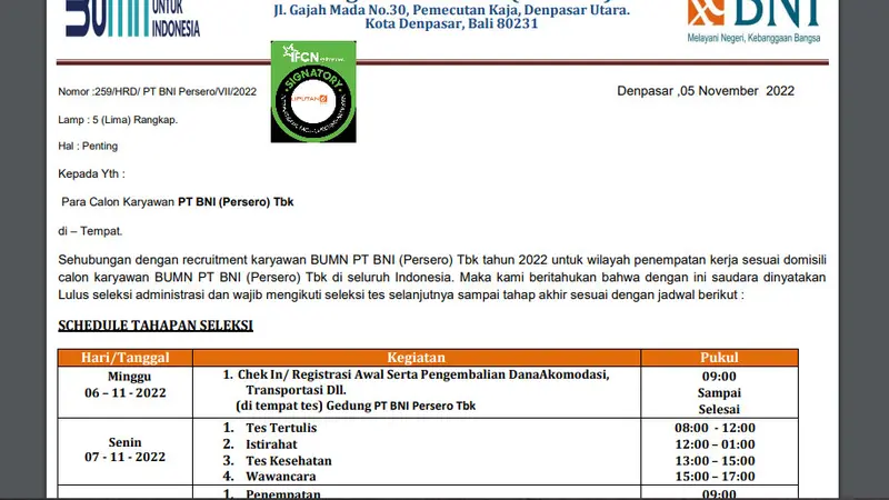 Tangkapan layar penelusuran informasi surat pemanggilan seleksi karyawan BNI