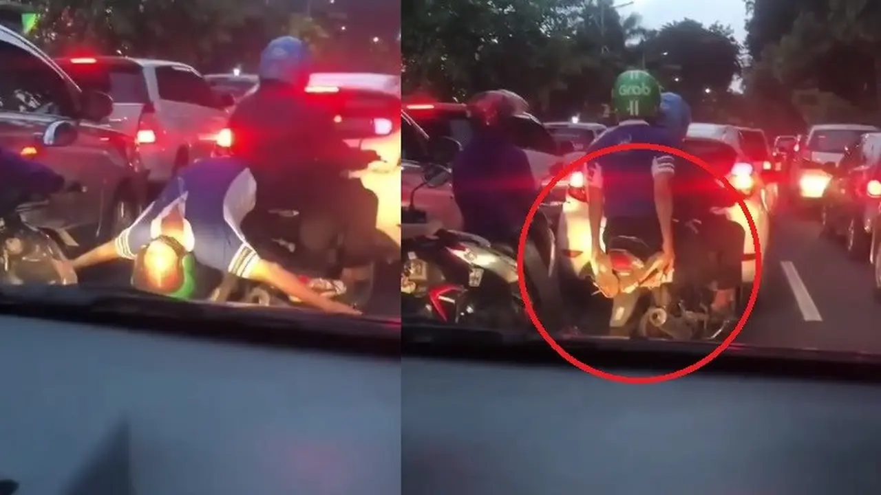 penumpang ojol lakukan peregangan otot kocak