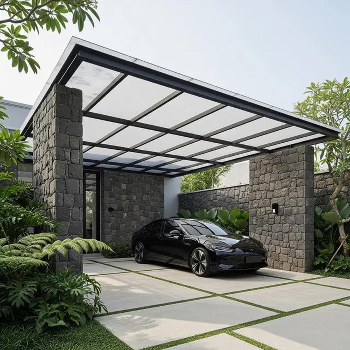 8 Inspirasi Carport dengan Batu Andesit 2025, Tampil Kokoh dan Elegan di Hunian Minimalis