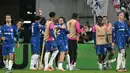 Di menit ke-83, lewat tendangan keras ke pojok atas gawang Real Betis, pemain pengganti Jadon Sancho sukses mencetak gol ketiga untuk Chelsea. Skor berubah 3-1 untuk keunggulan Chelsea. Tampak dalam foto, para pemain Chelsea merayakan gol ketiga mereka yang dicetak oleh gelandang Chelsea Jadon Sancho (19) saat pertandingan sepak bola Final UEFA Conference League 2024/2025 melawan Real Betis di Tarczynski Arena, Wroclaw, Polandia, Rabu 28 Mei 2025 waktu setempat atau Kamis (29/5/2025) dini hari WIB. (Sergei GAPON/AFP)
