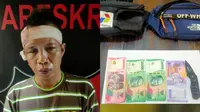Barang bukti senjata tajam, tas, dan sejumlah uang diamankan pihak kepolisian. (Liputan6.com/ Ardi Munthe)&nbsp;
