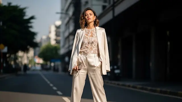 Blouse Brokat Transparan dengan Satin Blazer Oversized
