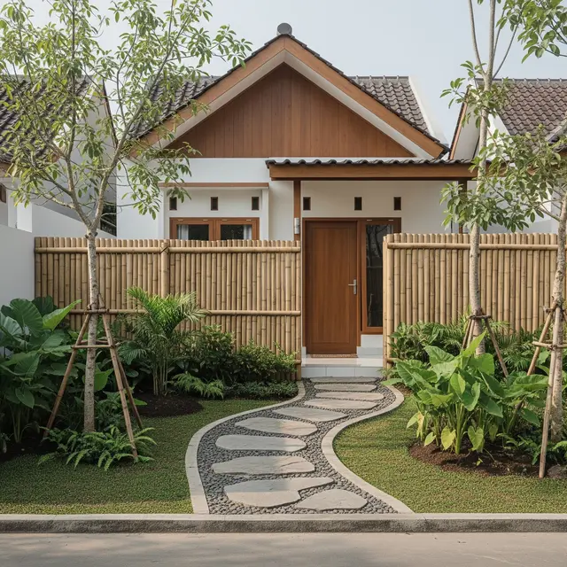 9 Ide Pagar Bambu dengan Taman dan Jalan Setapak Batu Alam, Estetika Alami