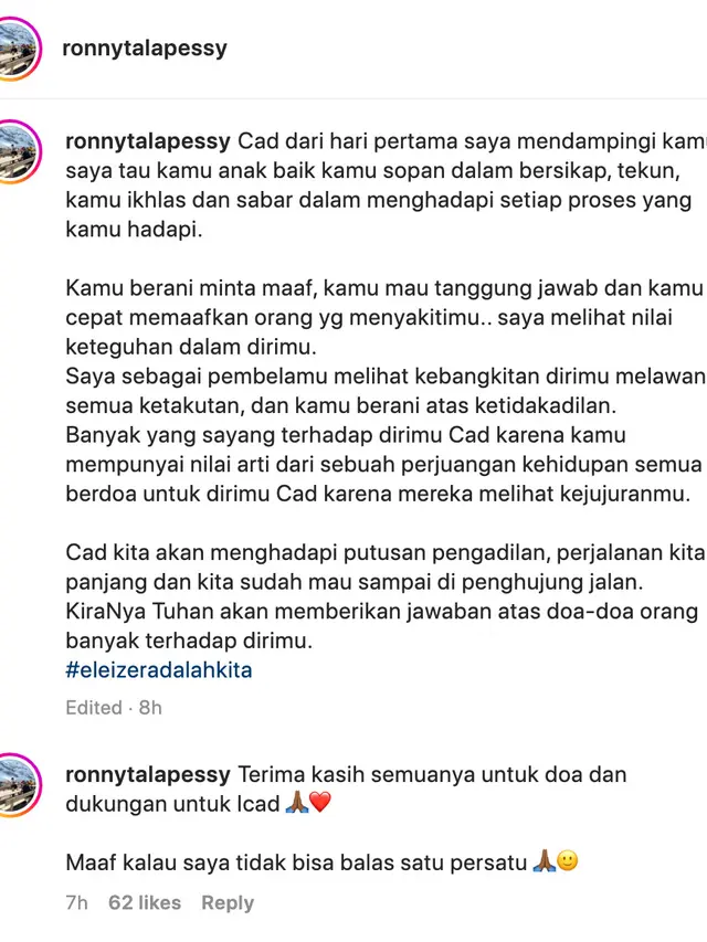 Pesan terbuka Ronny Talapessy, SH, MH untuk Richard Eliezer. (Foto: Dok. Instagram @ronnytalapessy)