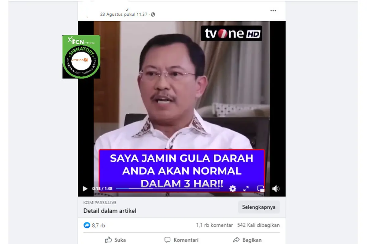 Tangkapan layar klaim video Dokter Terawan promosikan temuan obat diabetes