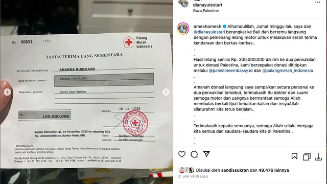 Ananda Omesh Serahkan Uang Hasil Lelang Motor Langkanya untuk Donasi ke Palestina Melalui PMI dan Kedubes. (instagram.com/omeshomesh)