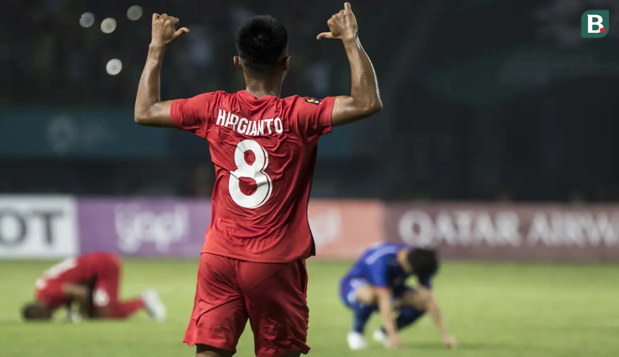 Gelandang Indonesia, Muhammad Hargianto, merayakan gol yang dicetaknya ke gawang Chinese Taipei pada laga Grup A Asian Games di Stadion Patriot, Bekasi, Minggu (12/8/2018). Indonesia menang 4-0 atas Chinese Taipei. (Bola.com/Vitalis Yogi Trisna)