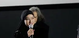 Dinda Hauw dalam konferensi pers film Ritual Gaib: Nyai Randasura. (Ratnaning Asih/ Liputan6.com)