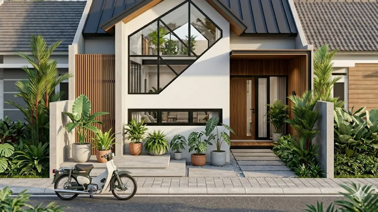 Fasad Japandi Satu Lantai dengan Jendela Geometris