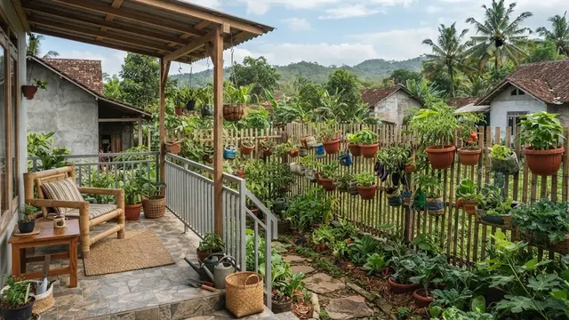 Ide teras minimalis menghadap kebun sayur organik di lahan sempit model pot sayur di depan pagar