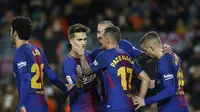 Para pemain Barcelona merayakan gol ke gawang Real Murcia dalam laga babak 32 besar Copa Del Rey di Camp Nou, Rabu (29/11/2017). (AP Photo/Manu Fernandez)