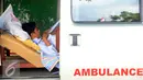 Seorang siswa SMP N 2 Pakem ,Fitrian (14) sedang mengerjakan soal Ujian Nasional di halaman SMP N 2 Pakem, Sleman, (10/5). Akibat kecelakaan,Fitrian terpaksa melaksanakan UN di dalam mobil ambulans . (Liputan6.com/Boy Harjanto)
