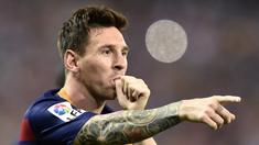 Ekspresi Lionel Messi setelah mencetak gol ke gawang Atletico Madrid. Barcelona unggul 2-1 atas tuan rumah Atletico dalam lanjutan La Liga Spanyol di Stadion Vicente Calderon, Madrid, Spanyol. Sabtu (12/9/2015). (AFP Photo/Gerard Julien)