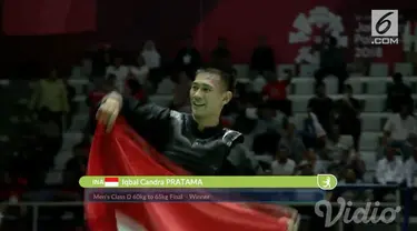 Iqbal Candra Pratama mengalahkan Ngoc Toan Nguyen (Vietnam) 4-1 pada final nomor 60-65 kg cabor pencak silat Asian Games 2018 di Padepokan Pencak Silat Taman Mini Indonesia Indah, Senin (27/8/2018).